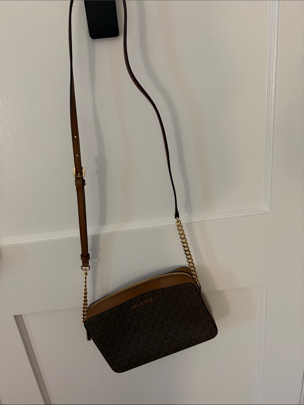 Michael Kors Brown Logo Crossbody with Tan Trim and Gold Chain